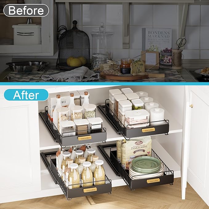 Pull Out Cabinet Organizer,Under Sink Organizer and Storage, 3 Installation Methods Slide Out Drawers for Cabinets, Multi-Purpose Storage Shelf for Kitchen, Cupboard, Bathroom 2 Pack Black
