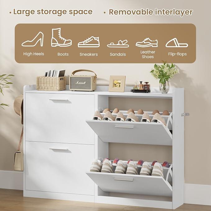 Shoe Cabinet with 4 Flip Drawers, Freestanding Shoe Rack Organizer with Adjustable Shelves, 47.2" W x 8.7" D x 33.1" H Narrow Shoe Storage Cabinet for Entryway, Foyer, Hallway, White
