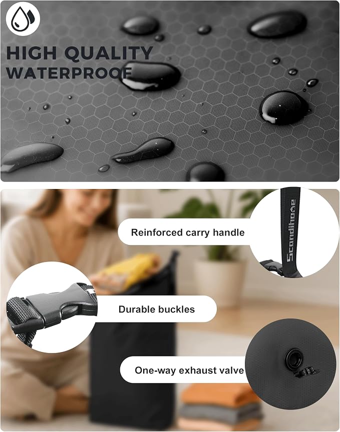 Travel Laundry Bag, Pump-Free Vacuum Compression Dirty Clothes Bag, Small Reusable Waterproof & Washable Laundry Bag, Wet and Dry Bag, Ideal for Suitcases, Road Trip Essentials (1 Pack) Black
