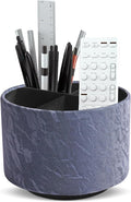 Round Leather Art Supply Organizer,Remote Control Holder,360 Degree Spinning,Multi-Functional Pencil Holder,4 Compartments Desktop Stationary Organizer(1-Hill Blue)