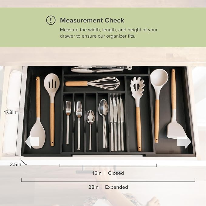 KitchenEdge Premium Silverware, Flatware and Utensil Organizer for Kitchen Drawers, Food-Safe Contract Grade, Expandable from 16 to 28 In, Black Bamboo