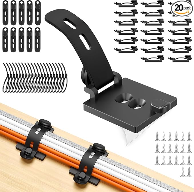 Kanemc 20PCS Cable Management Kit Adhesive Cable Clips | 20 Adjustable Cable Holders,20 Zip Ties,20 Screws&10 Extra Cable Straps, Cord Organizer for Home Office Under Desk Behind TV