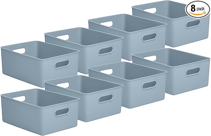 Superio Decorative Plastic Basket Open Home Storage Bins Organizer Baskets, Large Blue (8 Pack) Container Boxes for Organizing Closet Storage Bins for Shelves Drawer Shelf, 15 Liter