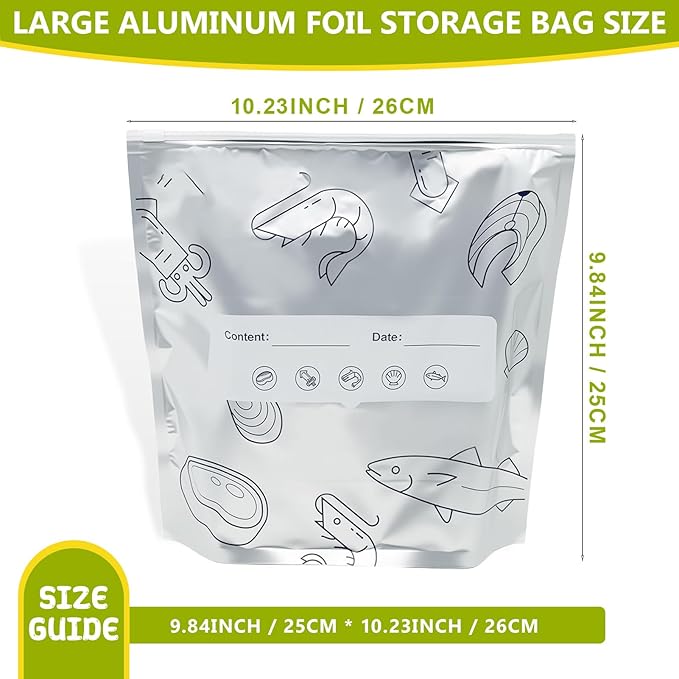 Aluminum Foil Food Storage Bags, Reusable Freezer Bags for Refrigerator, Stand Up Airtight Vacuum Sealer Bags, Heavy Duty Smell Proof Lock Freshness, Perfect for Meat, Vegetables (30, Large)
