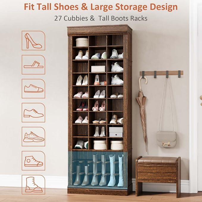 GarveeHome 10-Tier Shoe Storage Cabinet, Tall Shoe Rack with 30 Cubbies, Freestanding Entryway Shoe Organizer for Entryway, Living Room, Brown