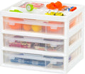IRIS USA Fits 12" x 12" Paper, 3-Tier Desk Top Storage Unit with Organizer Top, for Office Art & Craft Supplies, Pens Pencils Sticky Notes Paper Clips, 3 Clear Cases w/ Built in Handle - White/Clear