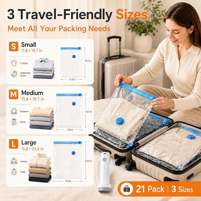 21 Pack Vacuum Bags for Travel with Rechargeable Air Pump, Carry-On Compression Bags for Luggage and Suitcase, Space Saver Storage for Clothing and Travel Organization