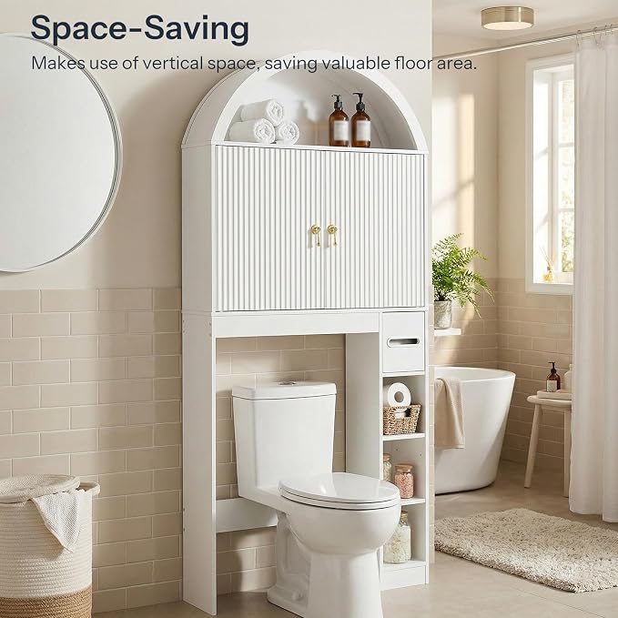 HOOBRO Over the Toilet Storage Cabinet, 67.7'' Tall Bathroom Organizer with Wave Doors, Arched Design with Adjustable Shelf, Toilet Paper Holder, Freestanding Cabinet for Narrow Space, White WT26TS01
