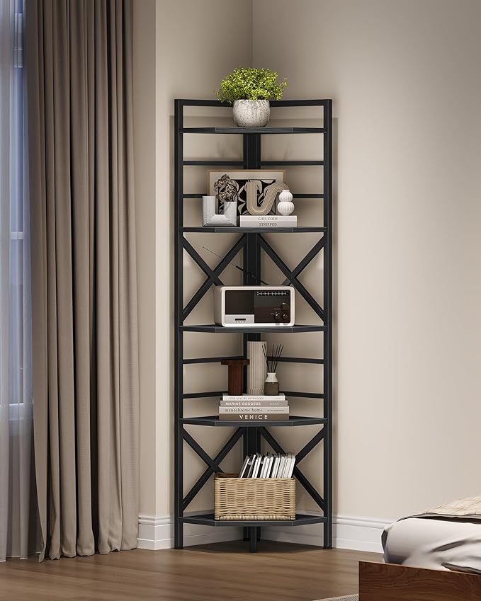 CHOEZON 69.3" Corner Shelf 5-Tier, Large Corner Shelving Unit, Freestanding Storage Stand for Bedroom, Living Room, Kitchen, Industrial Engineered Wood Bookshelf Organizer, Black TCJ15BB