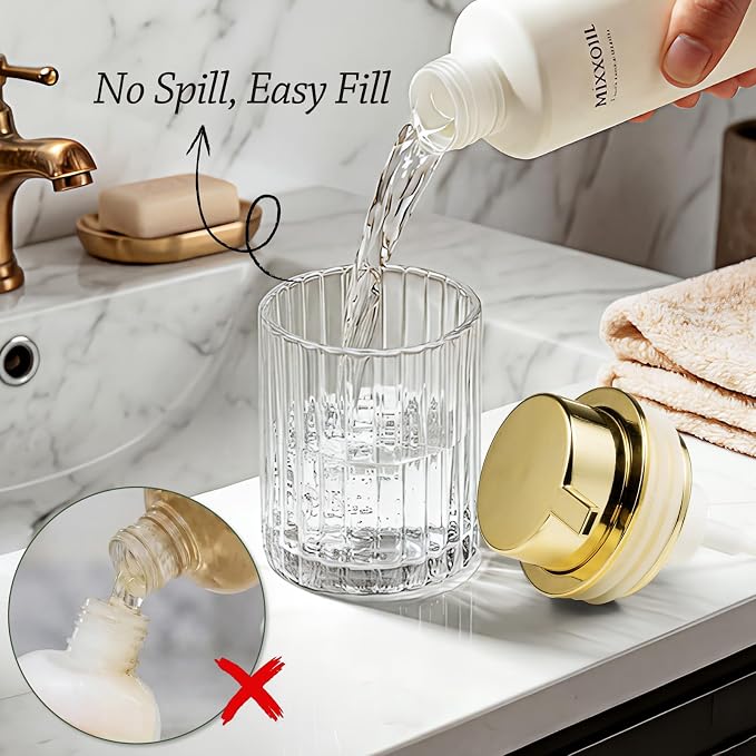 Foaming Hand Soap Dispenser, 8oz Refillable Clear Glass with Gold Pump, for Liquid Soap or Lotion, Vertical Ribbed Decor for Bathroom Vanity, Kitchen, Commercial Use - 2 Pack