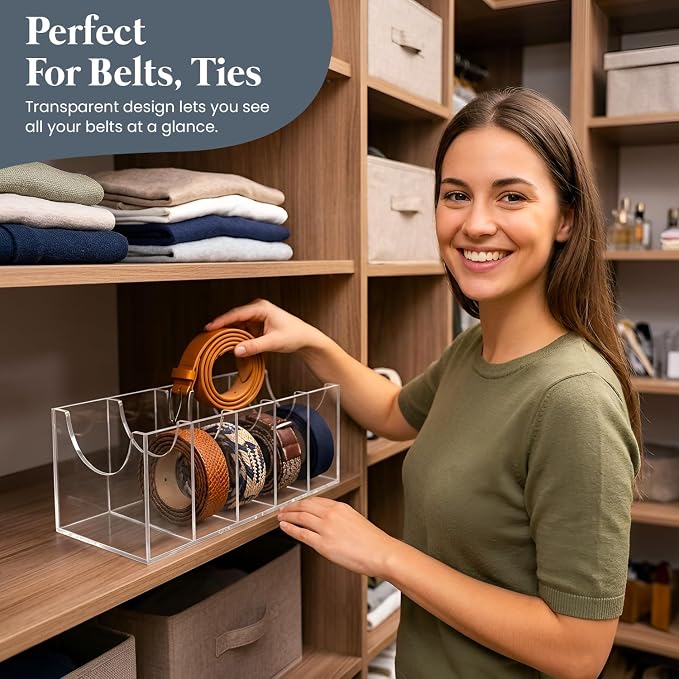 Acrylic Belt Organizer for Closet with Removable Dividers- 2 Wall Hooks for Hanging Towel- 5 Compartments & Handles Drawer Organization and Storage for Purse, Underwear, Socks & Ties (3 Pcs)