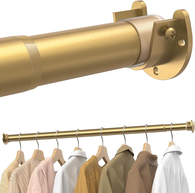 Supforce Closet Rods for Hanging Clothes, 17 to 99 Inches Stepless Adjustable Metal Closet Rod, 1.3 Inches Heavy Duty Clothes Hanging Rod for Closet Wardrobes Laundry RV, Golden