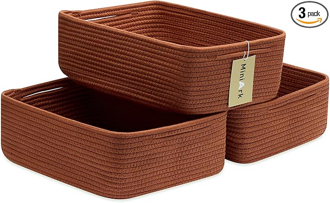 MiniArk Large Shallow Organizing Baskets 15x11x5.1 Inches - Rope Woven Storage Bins for Bathroom, Shelves, Cube Closet, Red 3 Packs
