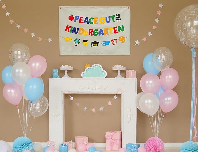 Graduation Banner Party Decor-Rectangular Canvas Banner Poster Wall Sign-Garland for Congratulation Graduation Party Supplies Classroom Front Door Home Decorations-Peace Our Kindergarten