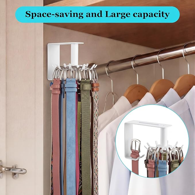 Xuhal 360° Rotatable Belt Hanger Wall Mount Belt Rack for Closet Heavy Duty Carbon Steel Tie Storage Organizer Space Saving Hanging Hook Holder for Bra, Tank Top, Tie, Scarf and Accessories (White)