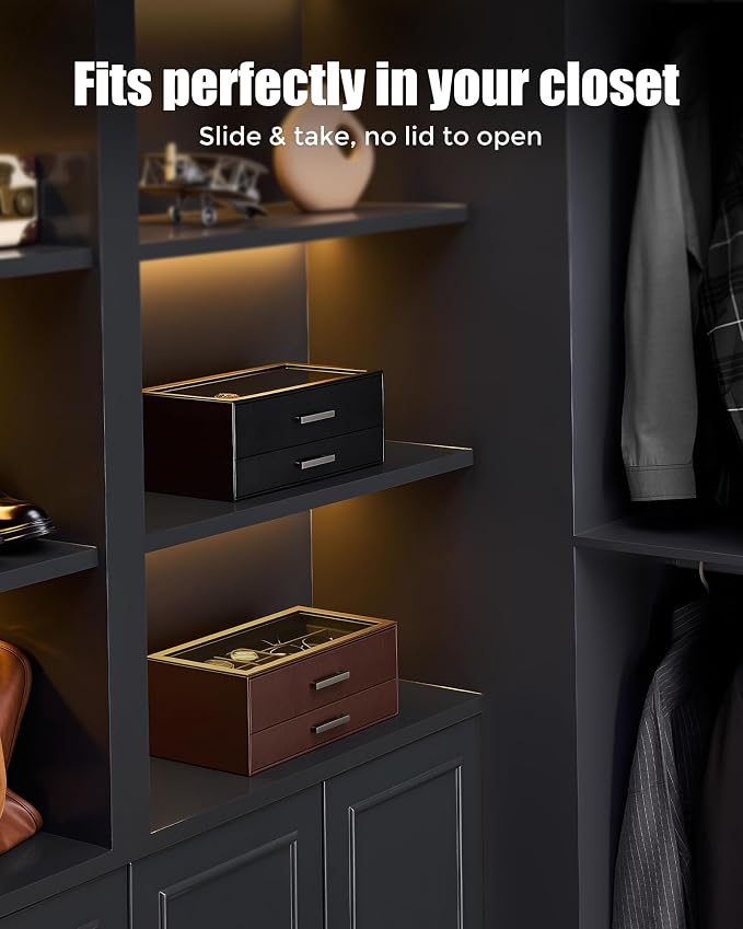 ProCase Watch Case, Mens Jewelry Box for 6 Watch & 5 Sunglasses -Brown | Pull-Out Drawer 2-Tier Leather Watch Organizer with Glass Display Top, fit Watches Size Up to 50 mm, Gift for Men & Women