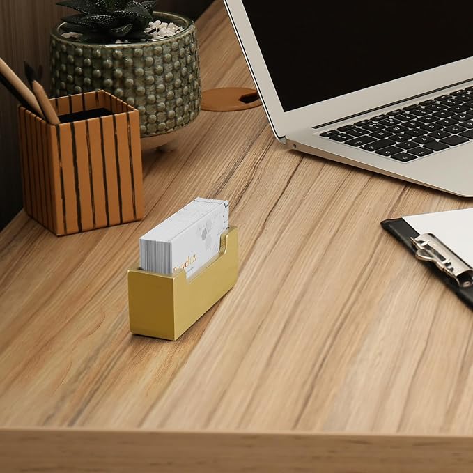 Bivvclaz Gold Business Card Holder Desk, Wood Business Card Organizer Desktop Business Card Display Stand for Office Tabletop Exhibition, Small Business Essentials