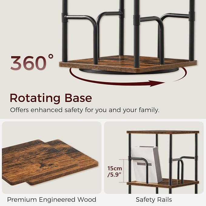 MAHANCRIS 3-Tier Rotating Bookshelf, Freestanding Corner Bookshelf, 360° Spinning Bookcase, Industrial Style Storage Rack with Rails, for Living Room, Bedroom, Study, Rustic Brown and Black BKHR1401