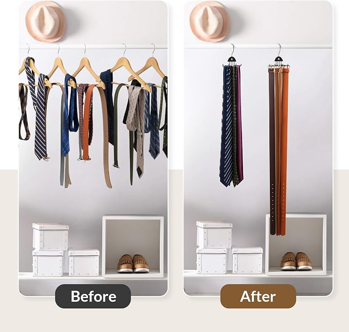 ZEDODIER 2 Pack Tie Hanger & Belt Organizer, Rotatable Tie Rack Space Saving Tie Holder with 16 Adjustable Hooks for Closet Organizers and Storage, Sturdy Belt & Tie Collection Storage, Black