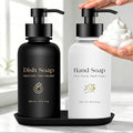 16.9 Oz Glass Foaming Soap Dispenser 2 Pack (Black+White) | Refillable Hand & Dish Soap Pump, With Silicone Tray & 8 Waterproof Labels, For Bathroom & Kitchen，Perfect Housewarming Gift