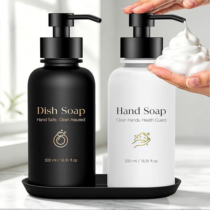 16.9 Oz Glass Foaming Soap Dispenser 2 Pack (Black+White) | Refillable Hand & Dish Soap Pump, With Silicone Tray & 8 Waterproof Labels, For Bathroom & Kitchen，Perfect Housewarming Gift