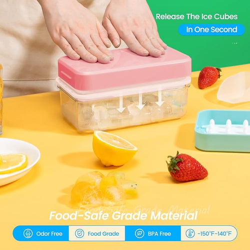 0.8“ Ice Cube Tray with Lid and Bin, PHINOX 56 Cubes Ice Trays for Freezer, Ice Cube Trays for Freezer with 2 trays, Container, Lid & Ice Scoop, BPA Free, Pink(28Cubes/Tier)