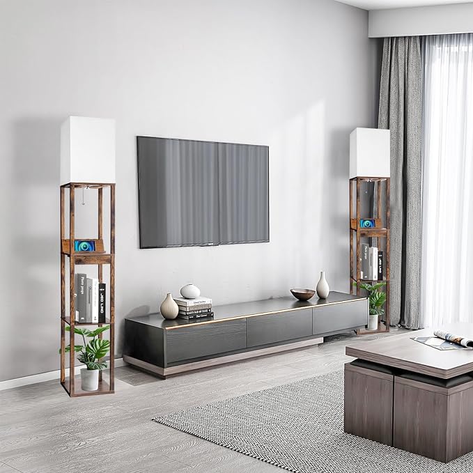RUNTOP Floor Lamp with Shelves, Shelf Floor Lamp with Wireless Charger & 2 Charging USB Ports & Drawer, AC Outlet, 3 Color Temperature Tall Standing Lamp with Bulb for Living Room, Bedroom, Office