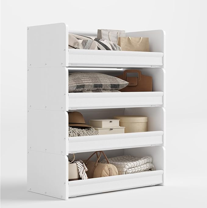 FOUCSSOMEI Closet Organizer and Storage, 4 Tier Stackable Storage Organizer, Wooden & Metal Closet Shelves, Modular Clothes Organizer, Storage Shelf, Bedroom & Closet Organization, Patent Design
