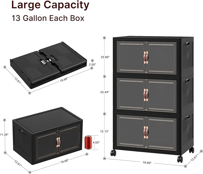 Stackable Storage Bins with Lids, Collapsible Storage Boxes, Foldable Plastic Storage Drawers for Bedroom,Office, Dorm (3, Black, M)