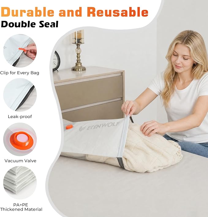 ETENWOLF 10 Pack Reusable Vacuum Storage Bags for Travel with Rechargeable Air Pump,Vacuum Compression Packing Seal for Clothes, Blankets, Seasonal Storage,Carry-On Space Saver Bags in 3 Sizes