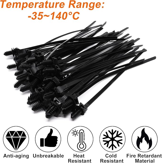 40 PCS Push Mount Zip Ties, 8.3 Inch Nylon Car Mount Wire Ties Snap in Cable Zip Ties, Black Push Mount Cable Ties Automotive Zip Ties Wire Harness Clips for Wire Tying (8.3" L x 0.2" W)