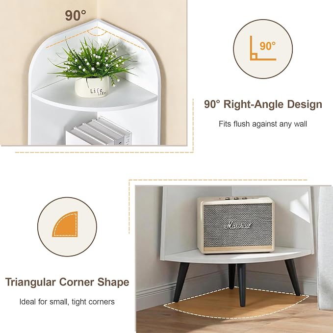 VECELO 5-Tier Curved Corner Shelf, 66.93" Tall Freestanding Corner Bookshelf, Wood Grain Narrow Corner Storage Display Rack with Wooden Legs for Living Room Bedroom Small Space, White