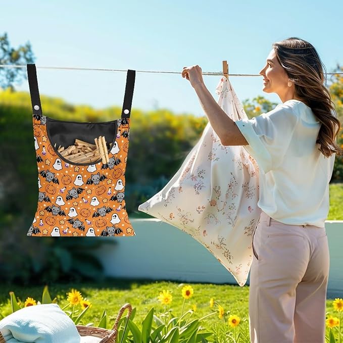 Orange Pumkpin Clothespin Bag Space-Saving Ghost Laundry Hanging Storage Organizer Clothes Pin Hanging Bag Waterproof Clothes Pins for Clothesline Outdoor Clothespins Accessory Bag