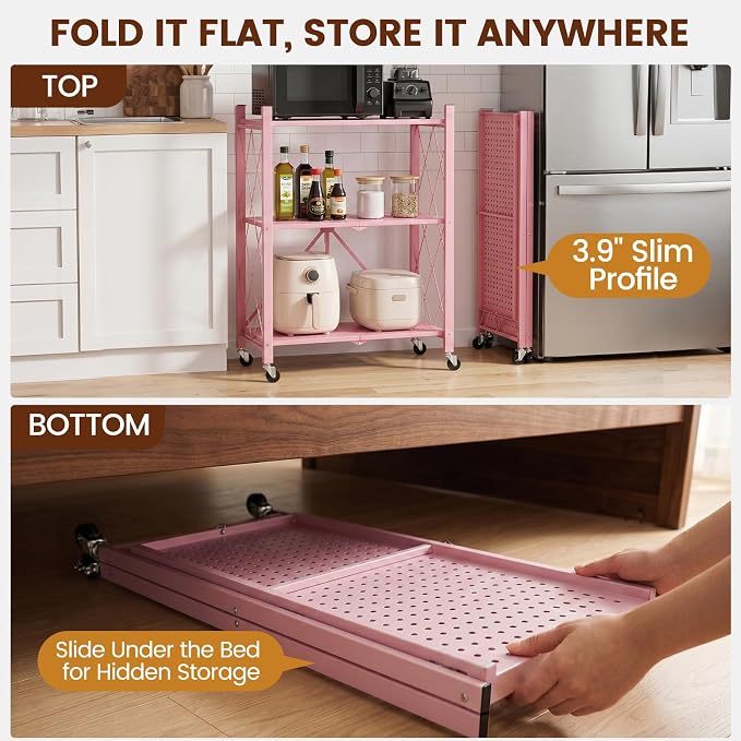 ALANNG 3 Tier Folding Storage Shelf on Wheels,Heavy Duty Metal Rolling Cart | Compact & Portable, No Tools Assembly, Folds to 3.9" Flat, Reinforced Iron Frame, Lockable Casters, for Any Room