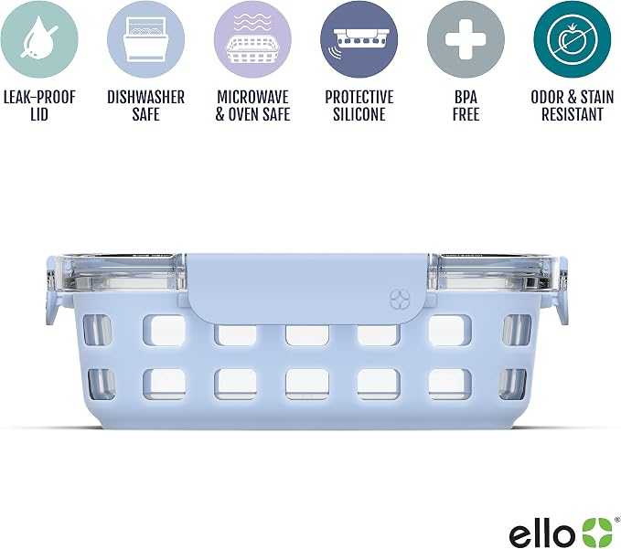 Ello Duraglass 3.4 Cup Meal Prep Sets 10Pc- Glass Food Storage Container with Silicone Sleeve and Airtight BPA-Free Plastic Lids,Dishwasher,Microwave,and Freezer Safe,Halogen Blue,5 Count (Pack of 2)