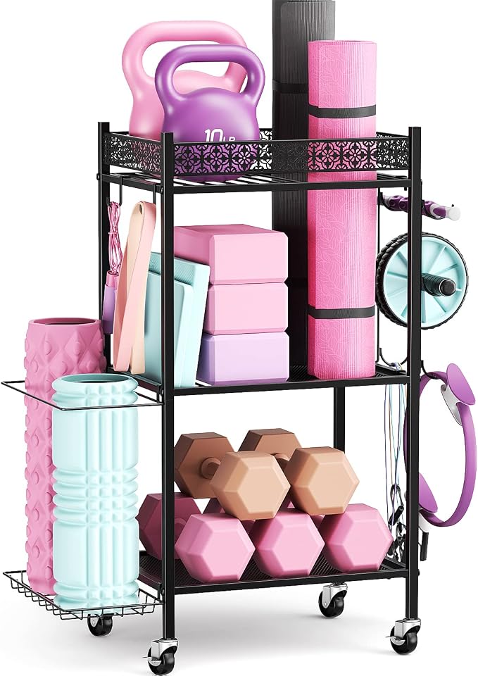 Yoga Mat Storage Rack, Home Gym Storage Rack, VOPEAK Workout Storage for Yoga Mat, Foam Roller, Gym Organizer Gym Equipment Storage for Home Exercise and Fitness Gear