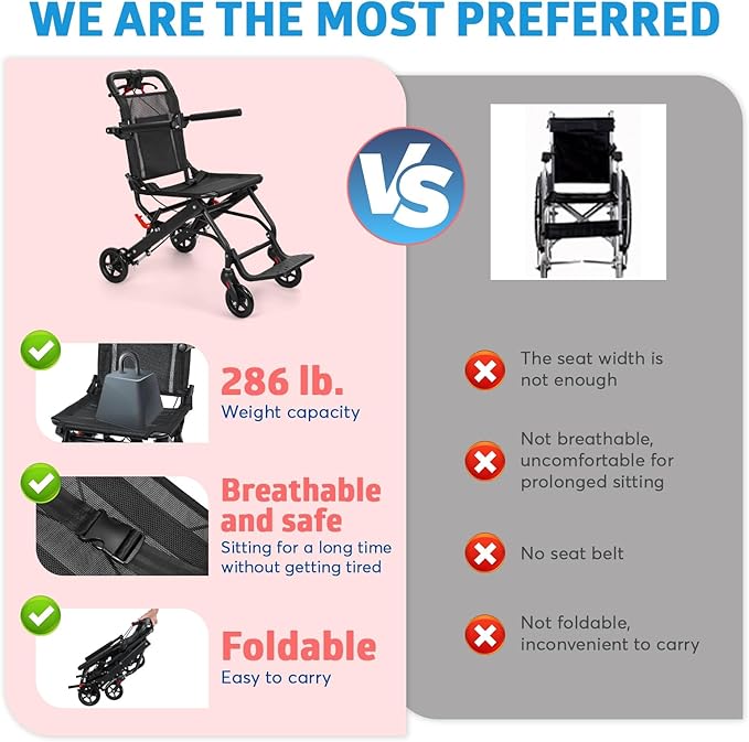 cdar Lightweight Transport Wheelchair, Aluminum Alloy Foldable Wheelchairs for Adults, Portable Transportation Travel Wheelchairs, Outdoor Collapsible Wheelchair with Storage Bag, Bearing 286lbs Black