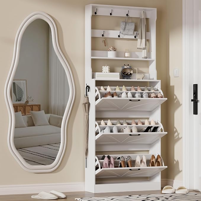 EOYUTLLY Shoe Cabinet Storage for Entryway, Narrow Shoe Rack Cabinet with 3 Flip Drawers & Coat Rack, Hidden Shoe Storage Cabinet, 2-in-1 Hall Tree Slim Freestanding Shoe Rack Organizer, White