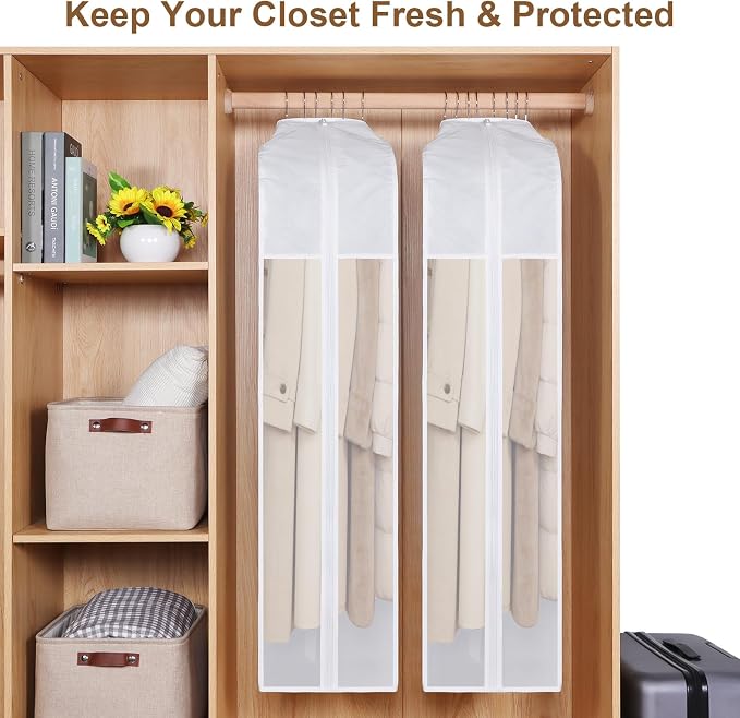 50" Premium Cotton Garment Bag for Hanging Clothes, Breathable Suit Bags for Closet Storage with Extre Large 10" Gusseted & Clear Window, Dust Cover with Zipper for Suits, Coats, 3 Pack