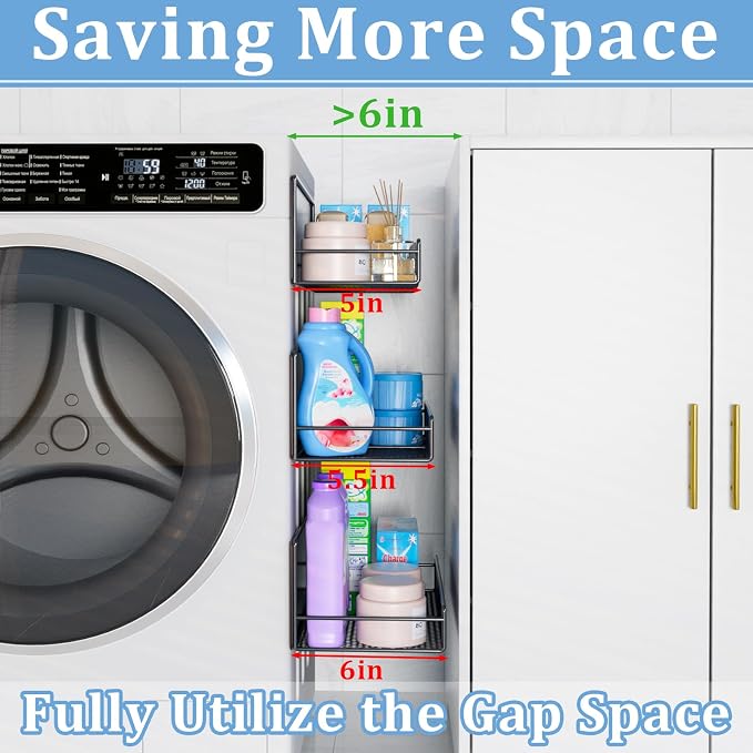 DTUQYX Magnetic Shelf for Washing Machine 4-Pack: Widen Magnetic Laundry Organizer (5"-6") with Hanger Organizer, Strong Magnet, Rust Proof, Heavy Duty Magnetic Spice Rack for Refrigerator (Black)