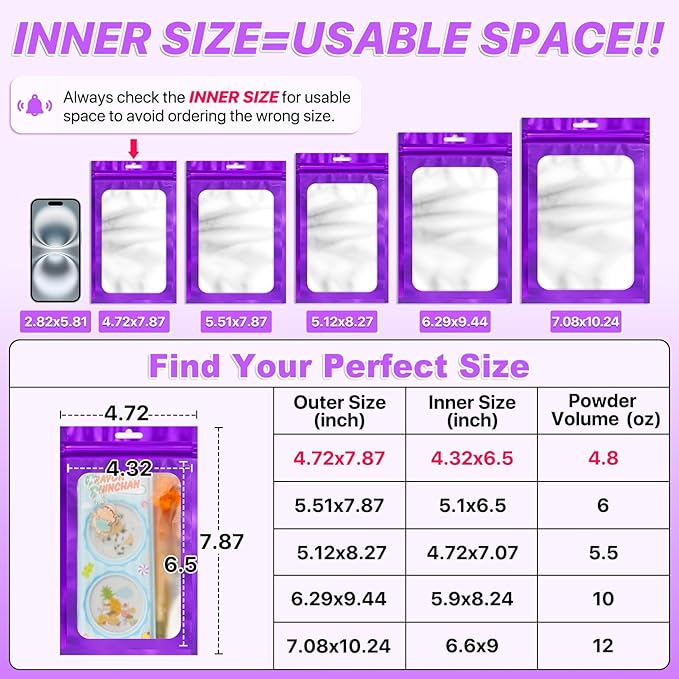 100 PCS Resealable Mylar Bags with Frosted Clear Window Bags Packaging Bag Foil Pouch Zipper Bag for Food Self Sealing Storage Supplies (4.72x7.87, Purple)