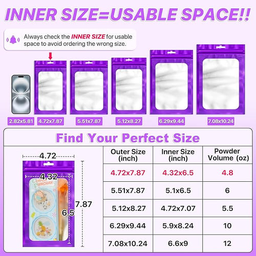 100 PCS Resealable Mylar Bags with Frosted Clear Window Bags Packaging Bag Foil Pouch Zipper Bag for Food Self Sealing Storage Supplies (4.72x7.87, Purple)