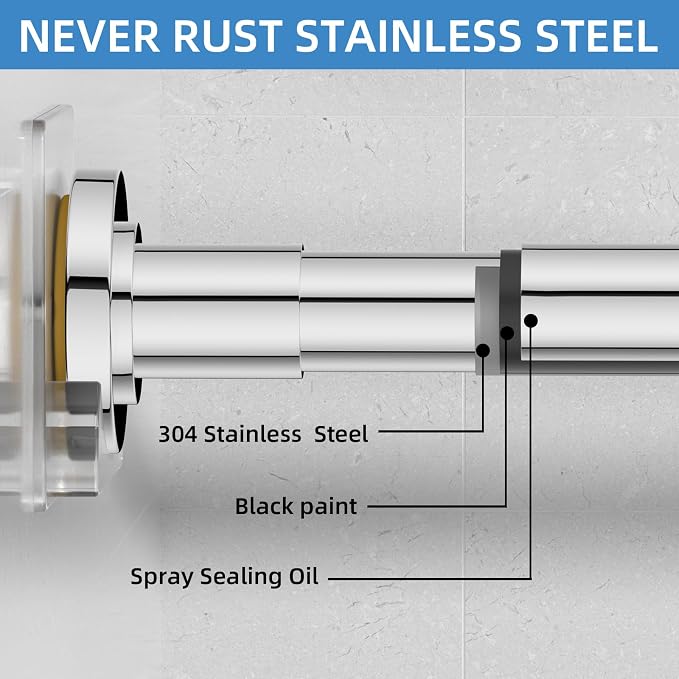 CorkLatta Chrome Shower Curtain Rod,1 Inch Diameter Stainless Steel Adjustable Spring Tension Rods 32 to 92",with Holders,Anti-Slip,Curtain Rods No Drilling(1 Pack)
