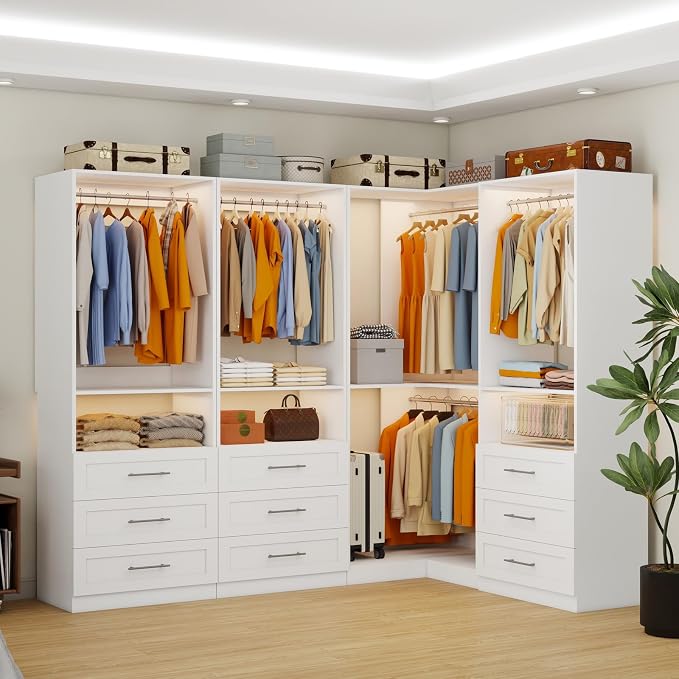 Closet System with 9 Wooden Drawers, 8.5-21.6FT Corner Closet Organizer System,Walk in Closet System with 9 Hanging Rods, Heavy Duty Modular Closet Systems Built-in Shelving System, 4 Sets