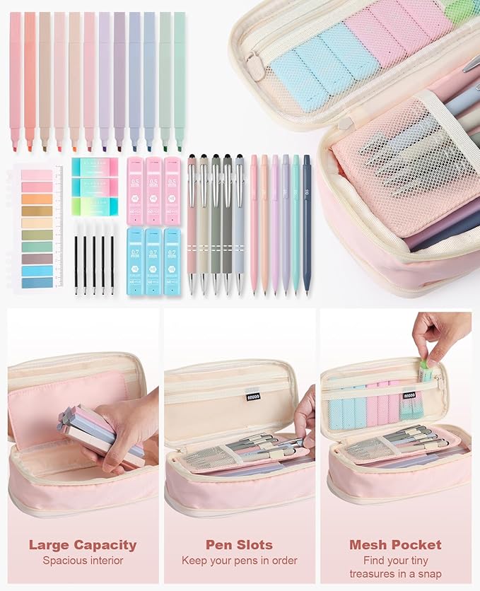 39PCS Aesthetic School Supplies with Cute Pencil Case, 5X Ballpoint Pens with Stylus Tip, 12X Pastel Highlighters, 6X Mechanical Pencil Set 0.5&0.7mm, Suit for Preppy School College Essentials(purple)