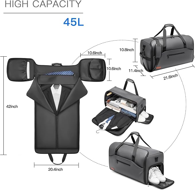 Garment Bags for Travel,45L Carry on Convertible Garment Duffle bag for Men Women - 3 in 1 Hanging Suit Travel Bag with Shoulder Strap