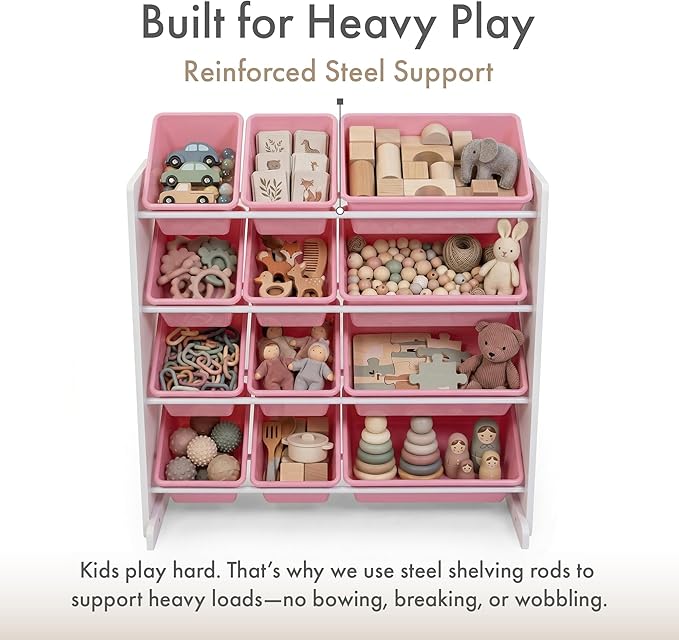 Humble Crew Toy Storage Organizer with 12 Removable Storage Bins for Kids Playroom, 4-Tier Toddler Toy Organization and Storage, White/Pink/Purple/Turquoise