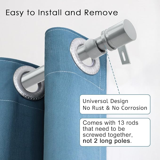 Byondeth Curtain Rods for Windows 16 to 200 Inches Adjustable Length 1 Inch Diameter Window Curtain Rod with Aluminium End Cap, Silver Gray