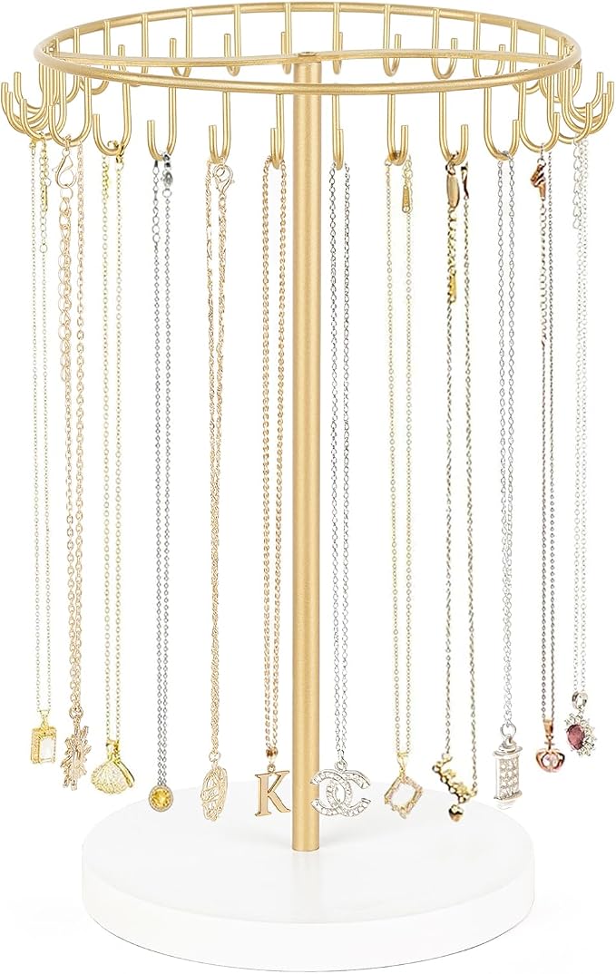 Mkono Necklace Holder Metal Jewelry Display Stand Necklace Organizer with 30 Hooks for Storage and Hanging Bracelet Keychain Home Room Decor for Women,Gold