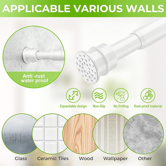 2 Pack No Drill Tension Curtain Rods 28 to 48 Inch White Small Curtain Rod Adjustable No Drilling for Window,Kitchen,Closet,Doorway,Bedroom
